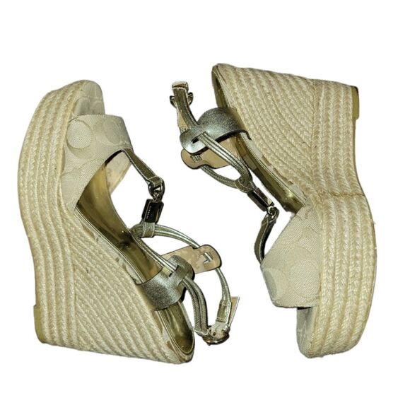 COACH LEAH Wedge Platform Open Toe Gold Tan Monogram High Heel Sandal 8.5 - Picture 2 of 11